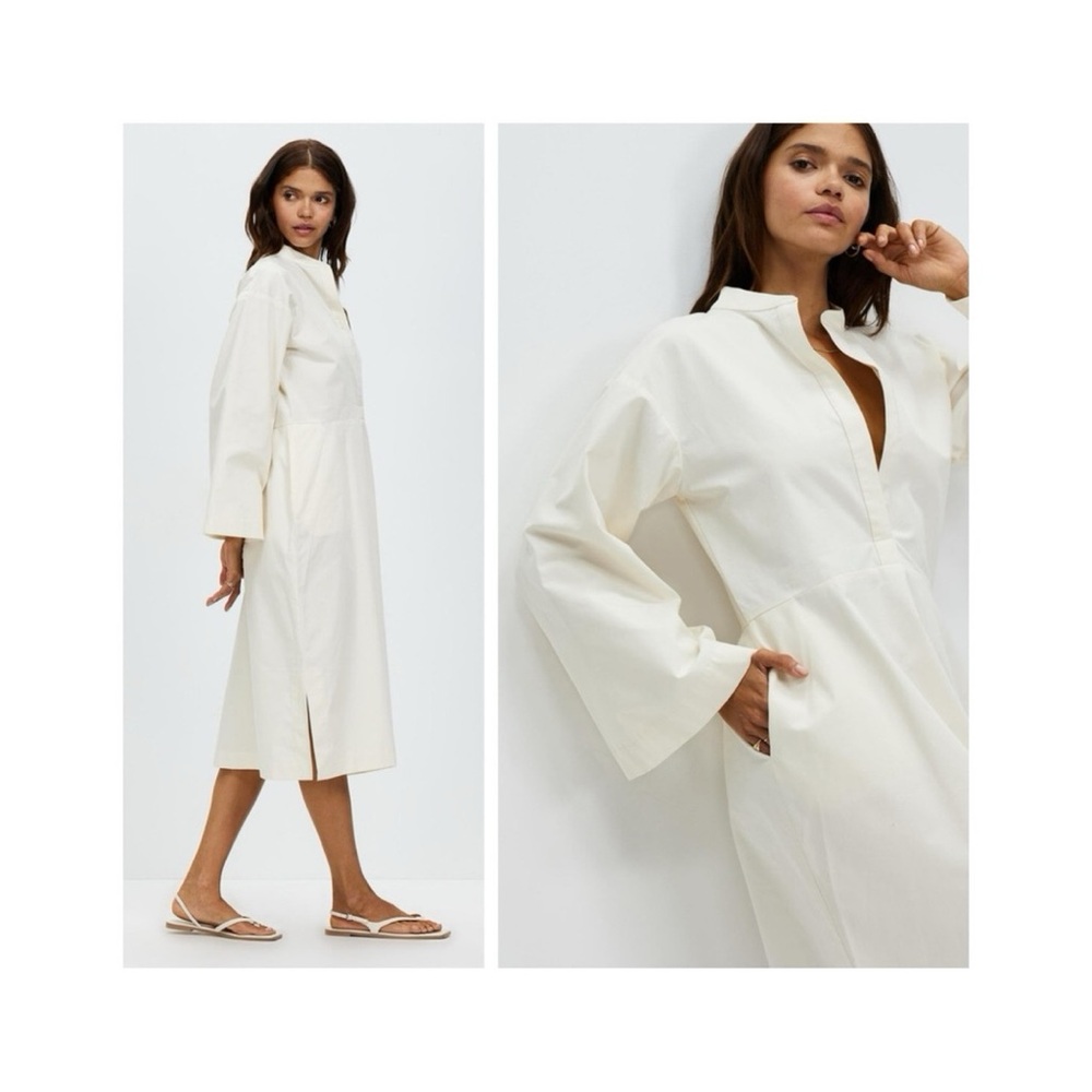 Bondi Born Estel Midi Dress (Sz M) Organic Cotton & Silk Kimono Sleeve Coconut
